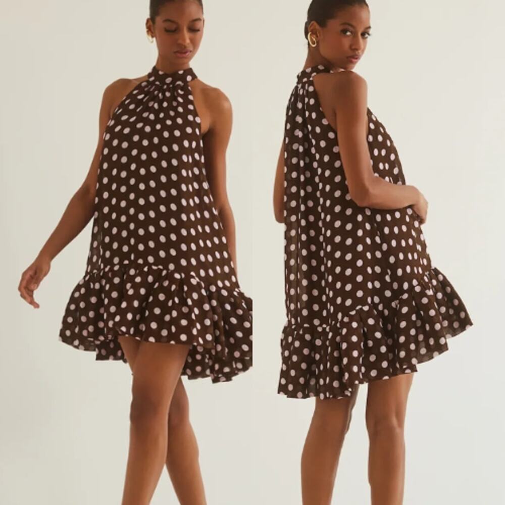 NEW Cara Cara Arca Polka Dot Mock Neck Halter Mini Dress Brown Size: XS